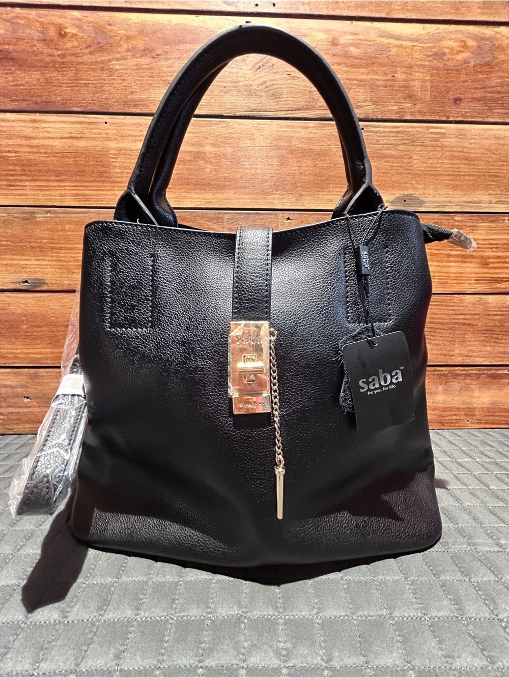 Saba Black Leather Purse‎ with Gold Chain Lock NWT